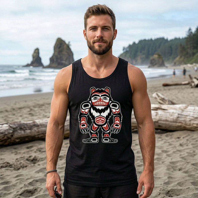Formline art Bigfoot Sasquatch graphic on a black tank top. PNW Indigenous style apparel.