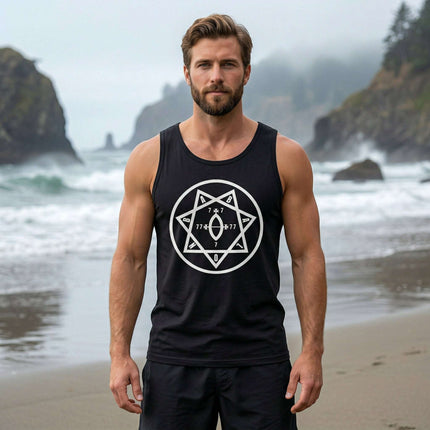 Black tank top featuring the Star of Babalon heptagram occult symbol. Thelema esoteric design.