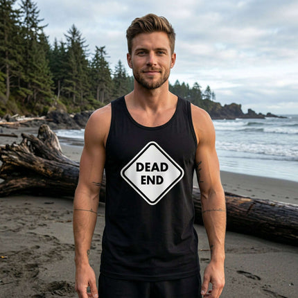 Black tank top graphic featuring a white "DEAD END" road sign warning symbol.