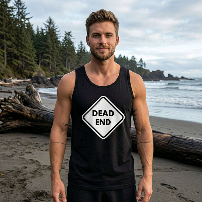 Black tank top graphic featuring a white "DEAD END" road sign warning symbol.