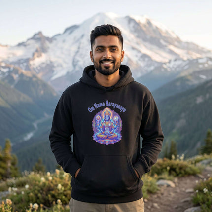 Om Namo Narayanaya Vishnu mandala hoodie featuring psychedelic spiritual art and Hindu mantra.