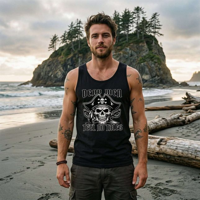 Dead Men Tell No Tales pirate skull graphic tank top.