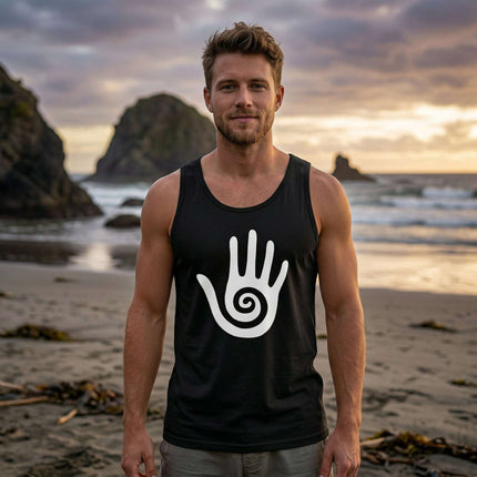 Hopi Healing Hand symbol graphic on a black men's tank top.