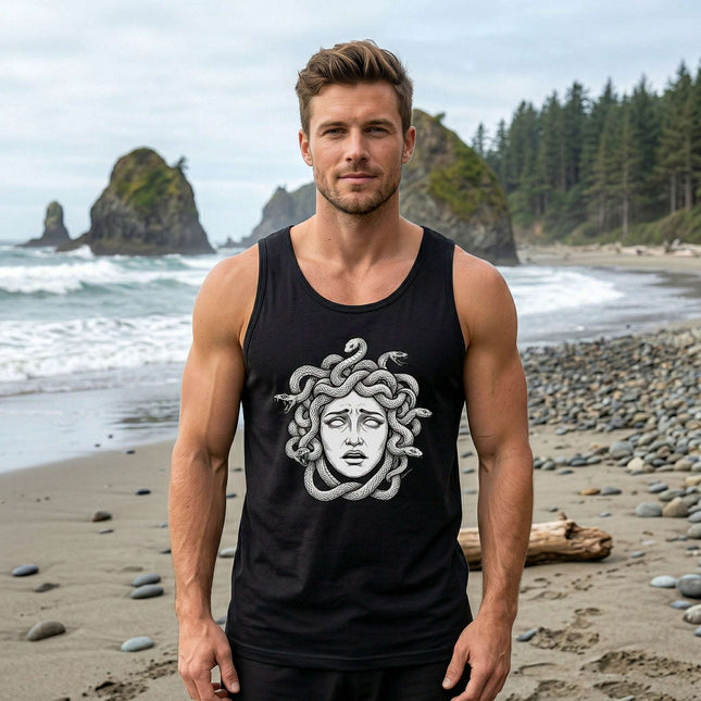 Medusa snake hair graphic tank top. Greek mythology illustration on black tee.