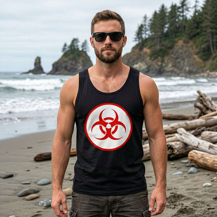 Black tank top featuring a bold red biohazard warning symbol graphic tee.