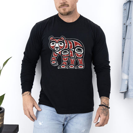 Formline Bear Long Sleeve T-Shirt | Red and White Wildlife Graphic Tee