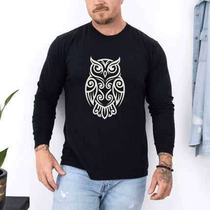 Geometric owl line art print on a long sleeve t-shirt.