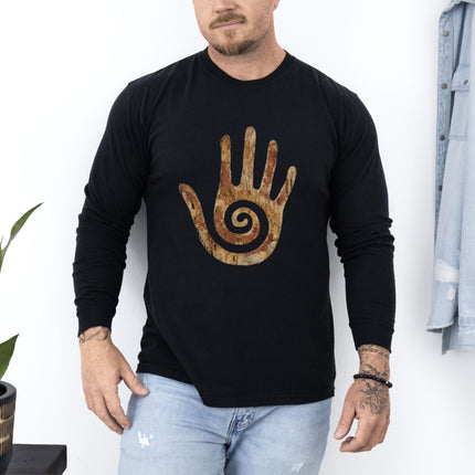 Spiral Healing Hand Long Sleeve T-Shirt | Textured Earth-Tone Motif Tee