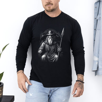 Odin Norse god graphic tee featuring a seated design with spear and ravens.