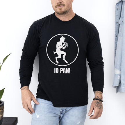 Greek god Pan graphic tee with panpipes. Long sleeve mythological t-shirt design.