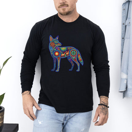 Huichol Coyote Long Sleeve T-Shirt | Multicolor Animal Art Tee