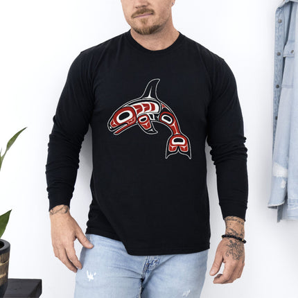 Formline Whale Long Sleeve T-Shirt | Curved Red and White Design Tee