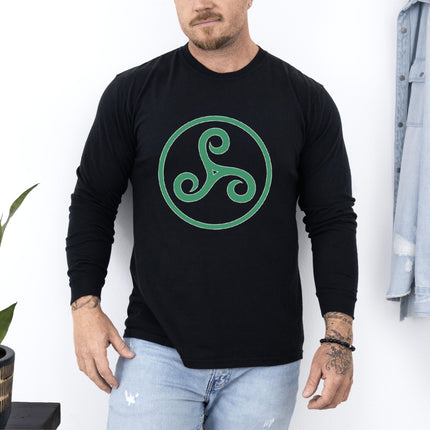 Green triskelion long sleeve shirt featuring a Celtic-inspired triple spiral design.