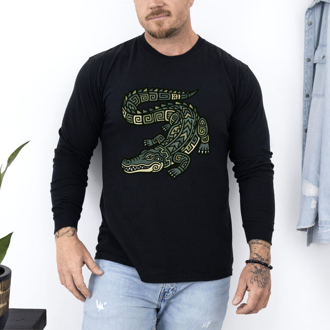 Mayan Crocodile Long Sleeve T-Shirt | Geometric Reptile Tee