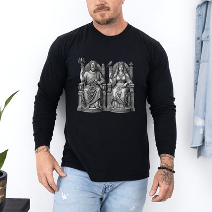 Zeus and Hera Greek mythology statue art graphic printed on a long sleeve t-shirt.