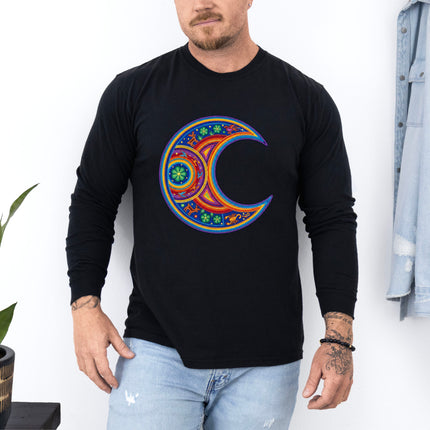 Huichol-Inspired Moon Long Sleeve T-Shirt | Colorful Crescent Art