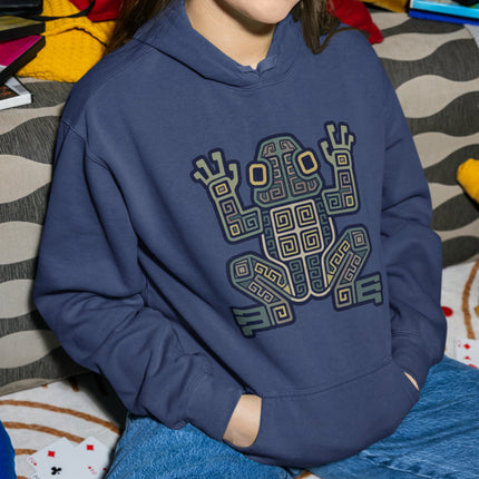 Mayan Frog Symbol Geometric Hoodie | Ancient Aztec Tribal Art Pullover Hoodie