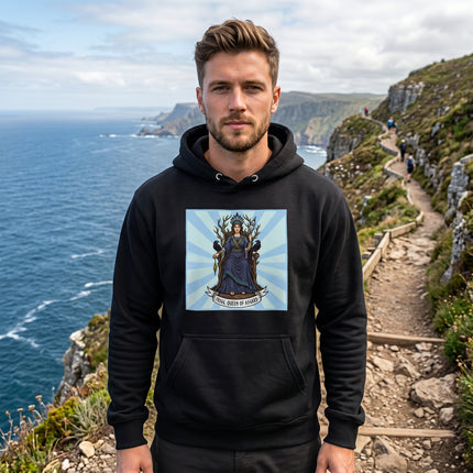 Frigg Queen of Asgard Norse goddess graphic on black pullover hoodie.