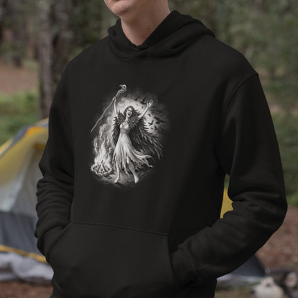 Morrigan Celtic Goddess graphic with wings and staff, dark mythology design on a black hoodie.