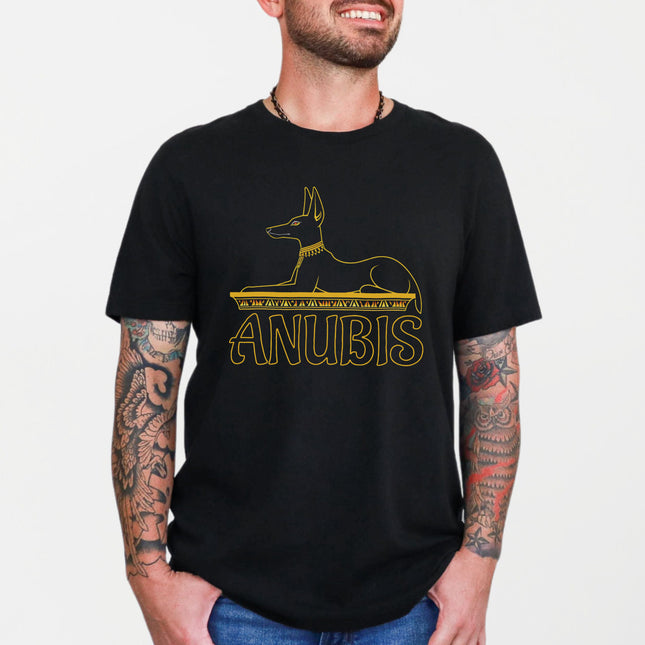 Anubis Egyptian god graphic t-shirt featuring ancient mythology art.