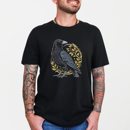 Raven and Leaves T-Shirt | Norse Crow Graphic Print Unisex Tee Shirt Design