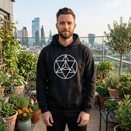 Black hoodie featuring a white sacred geometry Merkaba symbol graphic print.