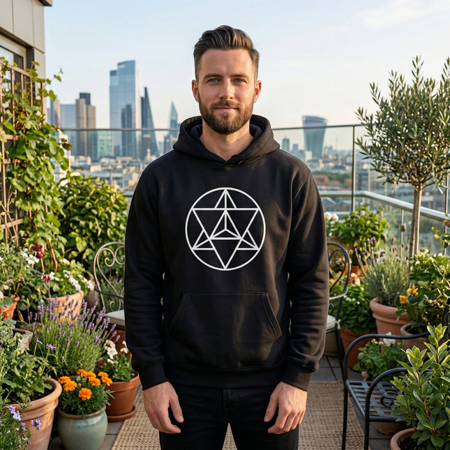 Black hoodie featuring a white sacred geometry Merkaba symbol graphic print.