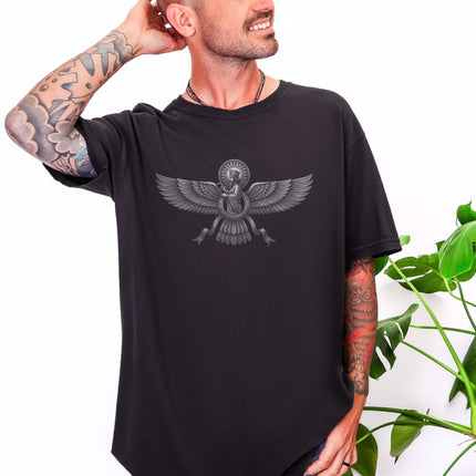 Faravahar symbol t-shirt featuring ancient Zoroastrian Persian mythology design.
