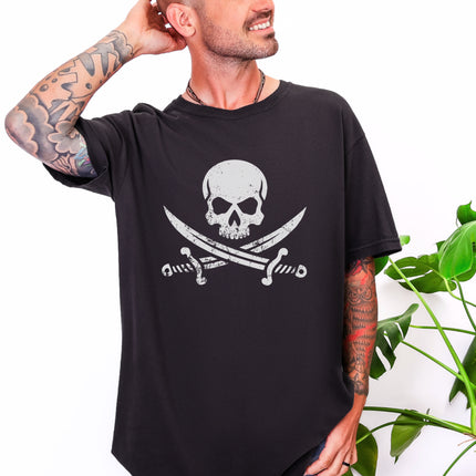 Jolly Roger pirate skull flag graphic on a unisex buccaneer t-shirt.