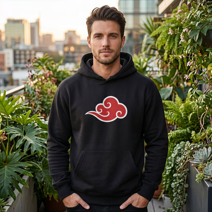 Black hoodie featuring a red auspicious cloud design, symbolizing Chinese good fortune and luck.