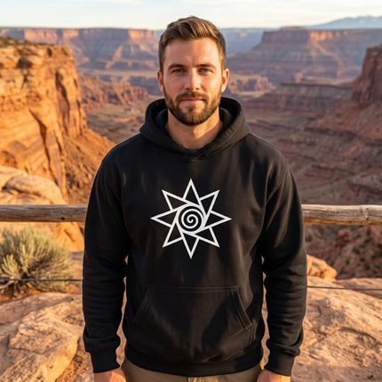 Black pullover hoodie featuring a white spiral sun symbol graphic. Unisex spiritual and boho style.