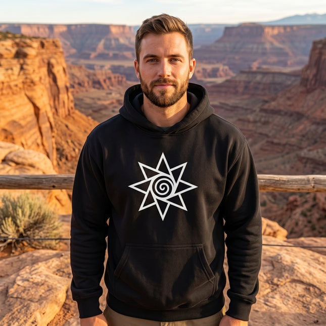 Black pullover hoodie featuring a white spiral sun symbol graphic. Unisex spiritual and boho style.
