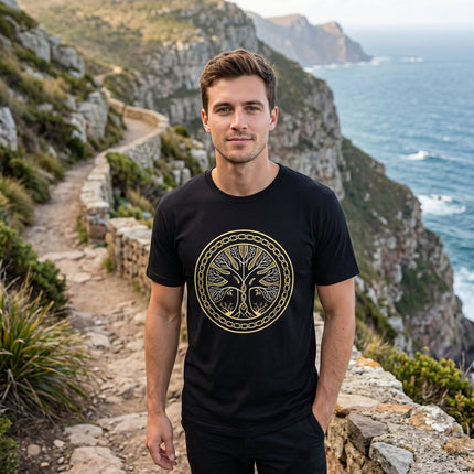 Black tee featuring a golden circular illustration of the Yggdrasil World Tree of Life.