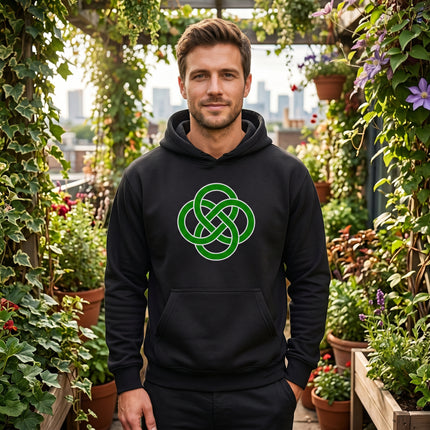 Green Celtic knot symbol on black pullover hoodie. Unisex knotwork design featuring the infinity knot.