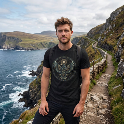 Black t-shirt featuring a Norse raven and Celtic compass graphic design.
