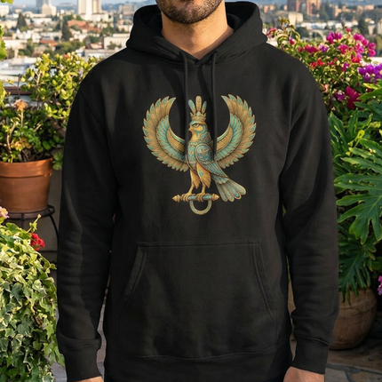 Detailed Persian Shahbaz falcon illustration on a black pullover hoodie.
