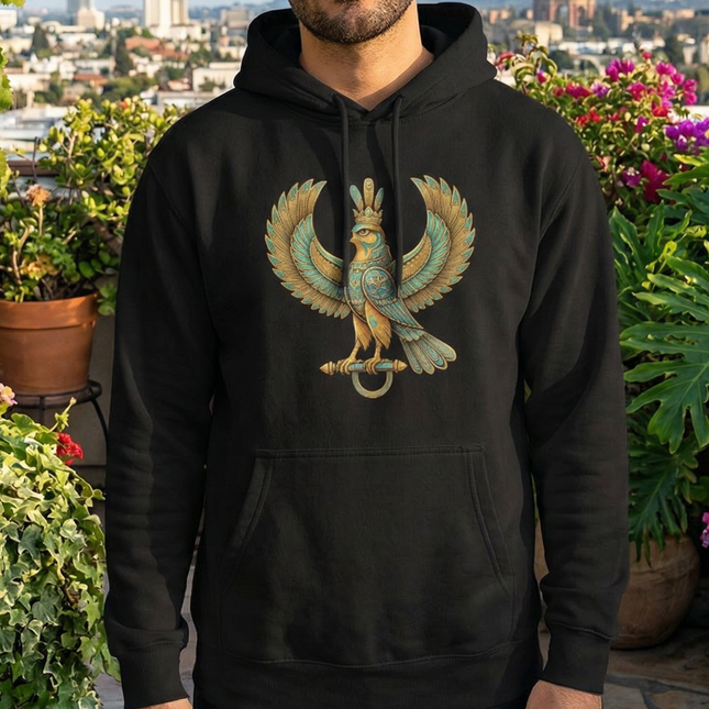 Detailed Persian Shahbaz falcon illustration on a black pullover hoodie.
