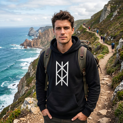 Black Norse Web of Wyrd graphic hoodie featuring a white Viking fate symbol design.