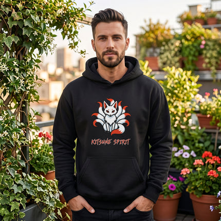Black Kitsune nine-tailed fox hoodie featuring Japanese mythology graphic print.