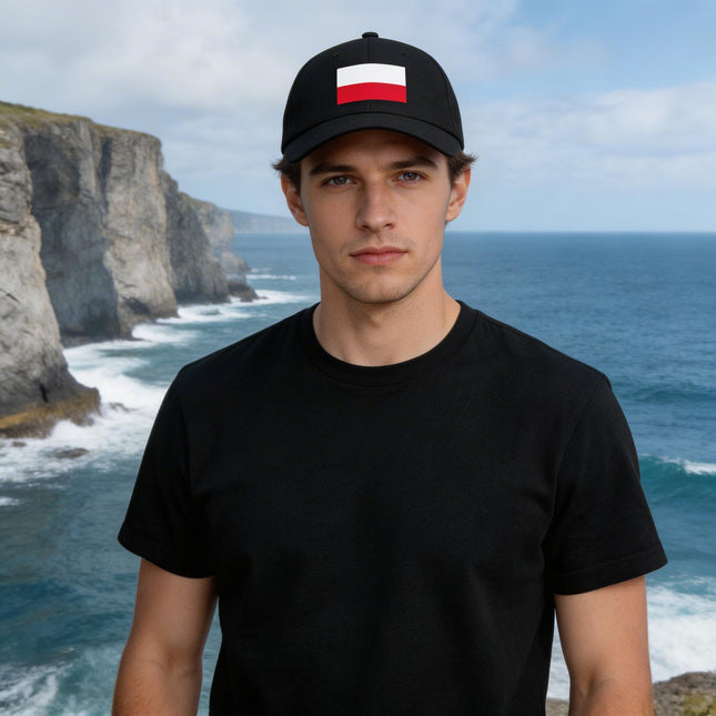 Black baseball cap featuring the Polish flag. White and red national pride design.