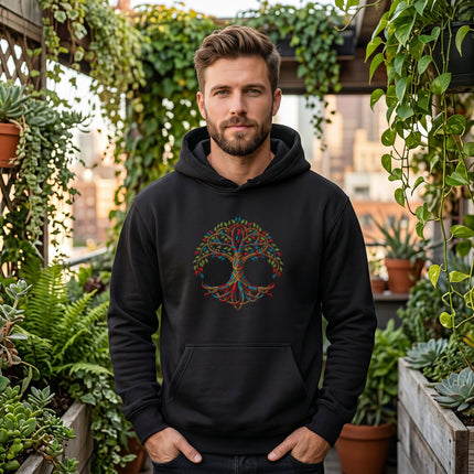 Vibrant Celtic Tree of Life Yggdrasil graphic on a black pullover hoodie.