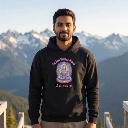 Lord Rama psychedelic mandala hoodie with Om Ram mantra print.