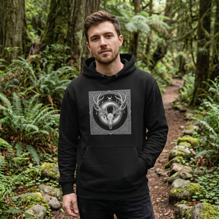 Stag Skull Art Hoodie - Antler Crown with Moon Occult Nature Design