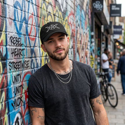 Black baseball cap featuring embroidered triple moon and pentagram symbols.