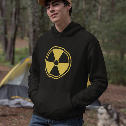 Black pullover hoodie featuring a radioactive hazard warning symbol print.