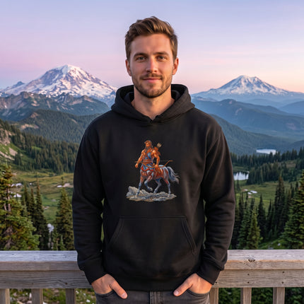 Centaur warrior illustration on a black graphic pullover hoodie featuring Greek mythology art.