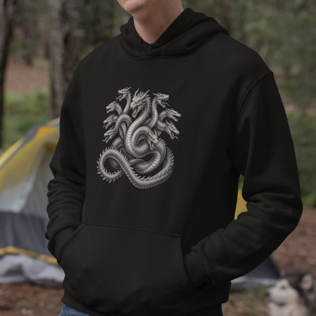 Greek Mythology Hydra multi-headed serpent graphic on black hoodie.
