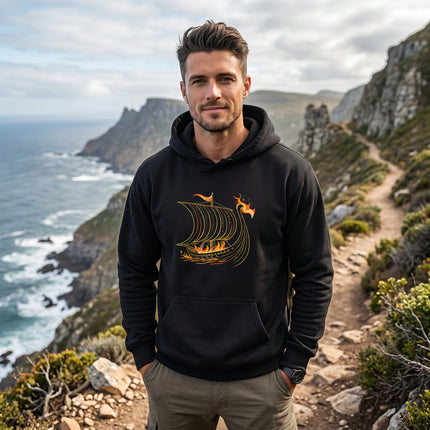 Burning Viking longship graphic on a black hoodie.