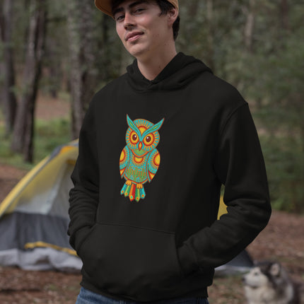 Vibrant Huichol owl tribal art graphic on a cozy pullover fleece hoodie.