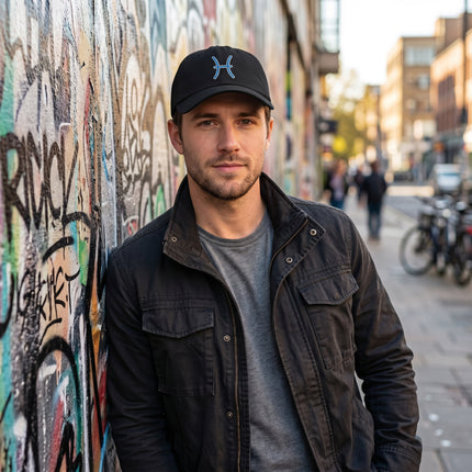 Black baseball cap with blue embroidered Pisces zodiac symbol.